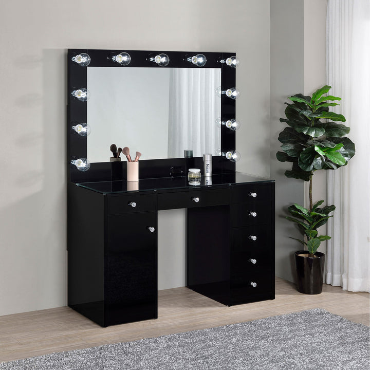 Coaster Furniture 931144 Acena 7-drawer Vanity Set with Lighting Black High Gloss