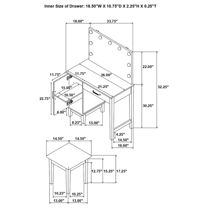 Coaster Furniture 931149 Elijah Vanity Set with Lighting & Stool White and Dark Grey