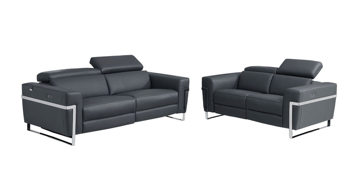 DivanItalia 990 Power Reclining 2-Piece Sofa Set with Power Headrest in Top-Grain Italian Leather - Dark Gray