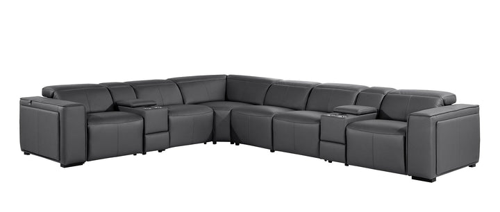 DivanItalia 1224 8-Piece U-Shaped Sectional Sofa in Top Grain Italian Leather with 4 Power Recliners &amp; Power Headrests – No Console - Dark Gray