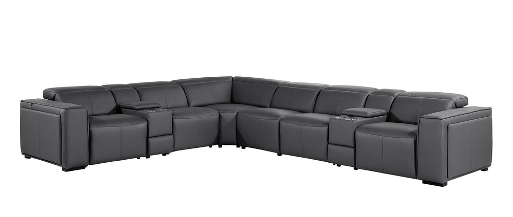 DivanItalia 1224 8-Piece U-Shaped Sectional Sofa in Top Grain Italian Leather with 4 Power Recliners & Power Headrests – No Console - Dark Gray
