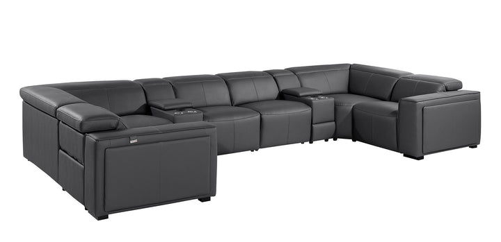DivanItalia 1224 8-Piece U-Shaped Sectional Sofa in Top Grain Italian Leather with 4 Power Recliners &amp; Power Headrests – with Console - Dark Gray