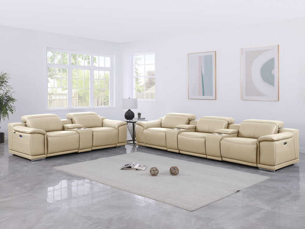 DivanItalia 9762 8-Piece Modular Power Reclining Sofa and Console Loveseat Set with Top Grain Italian Leather - Beige