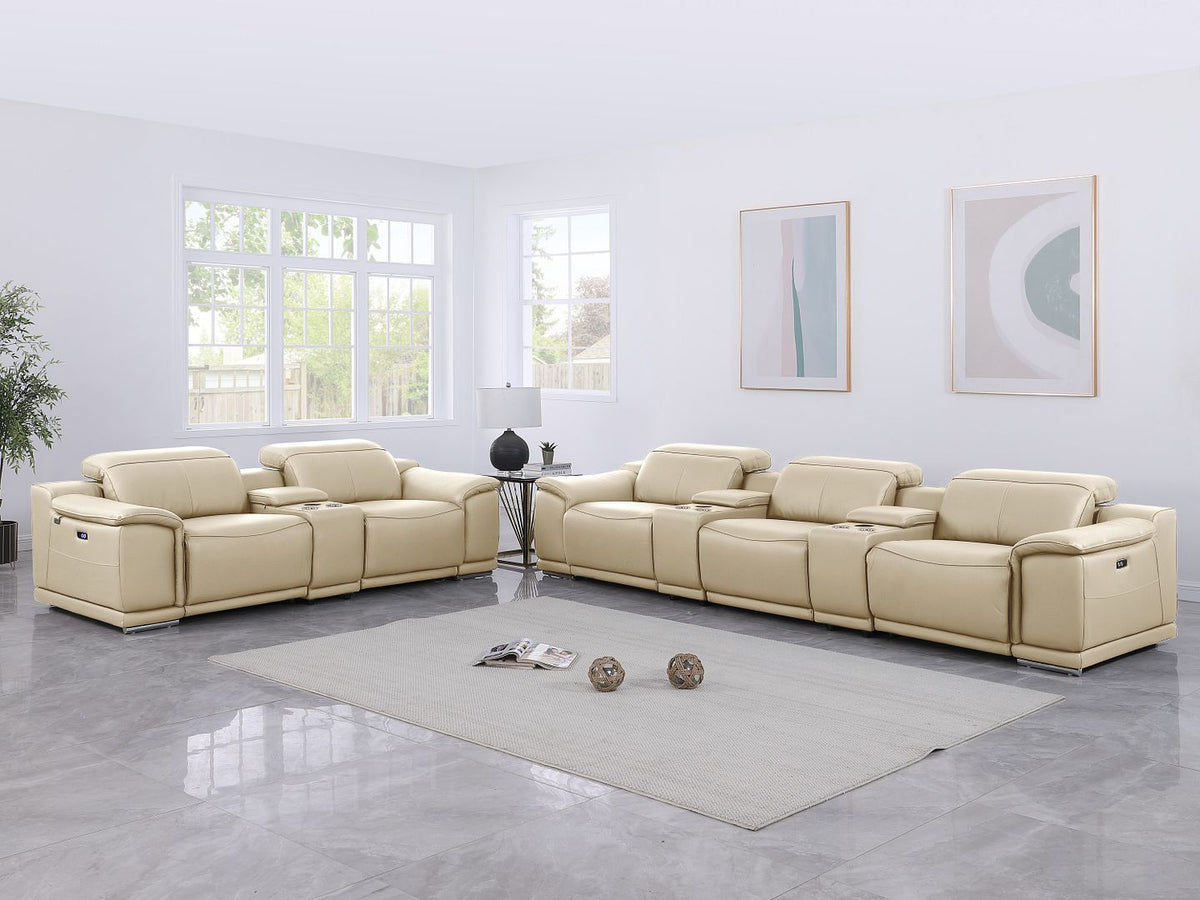 DivanItalia 9762 8-Piece Modular Power Reclining Sofa and Console Loveseat Set with Top Grain Italian Leather - Beige