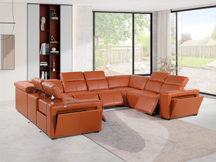 DivanItalia 1224 8-Piece U-Shaped Sectional Sofa in Top Grain Italian Leather with 4 Power Recliners &amp; Power Headrests – No Console - Camel