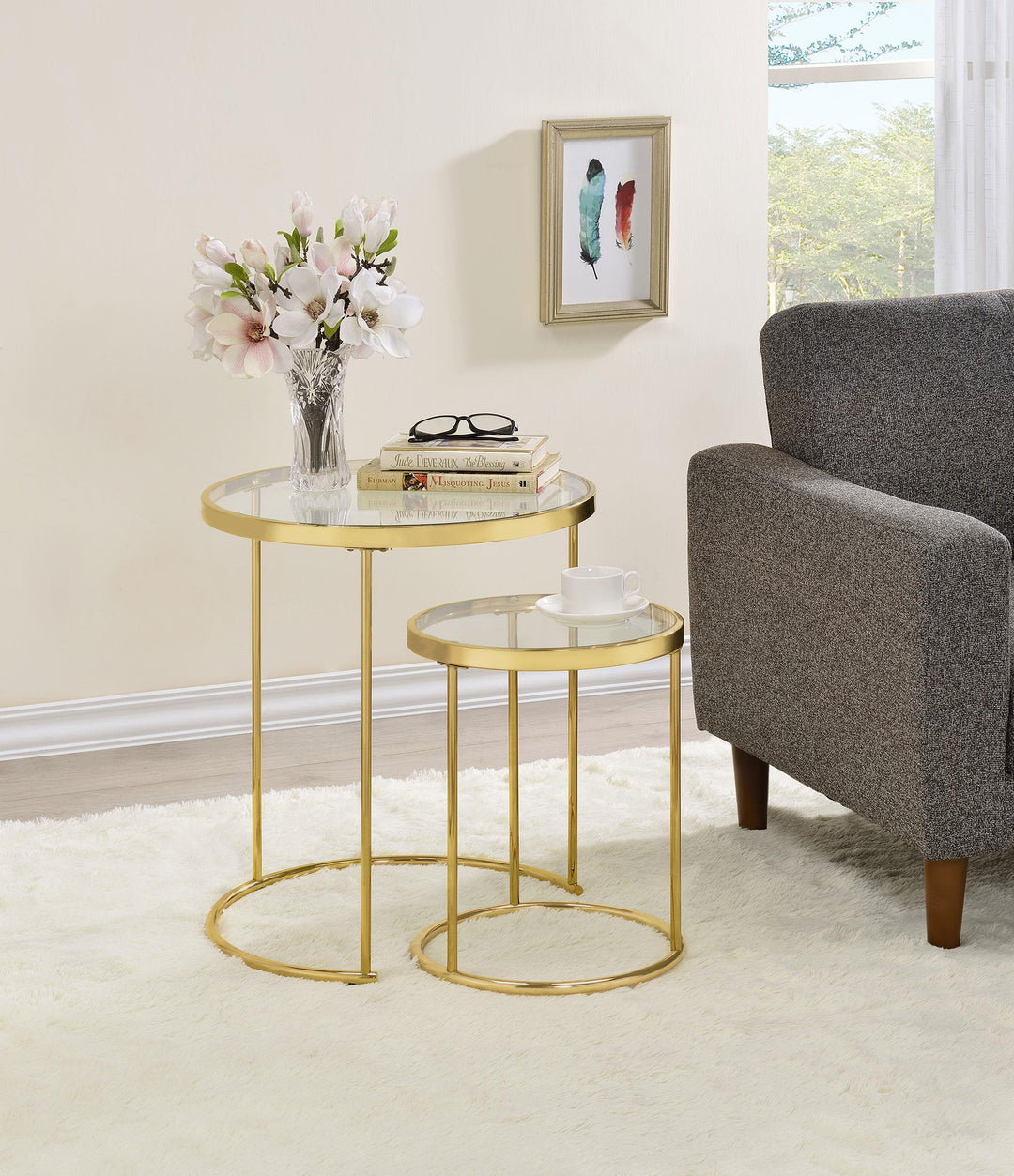 Coaster Furniture 935936 Maylin 2-piece Round Glass Top Nesting Table Set Gold