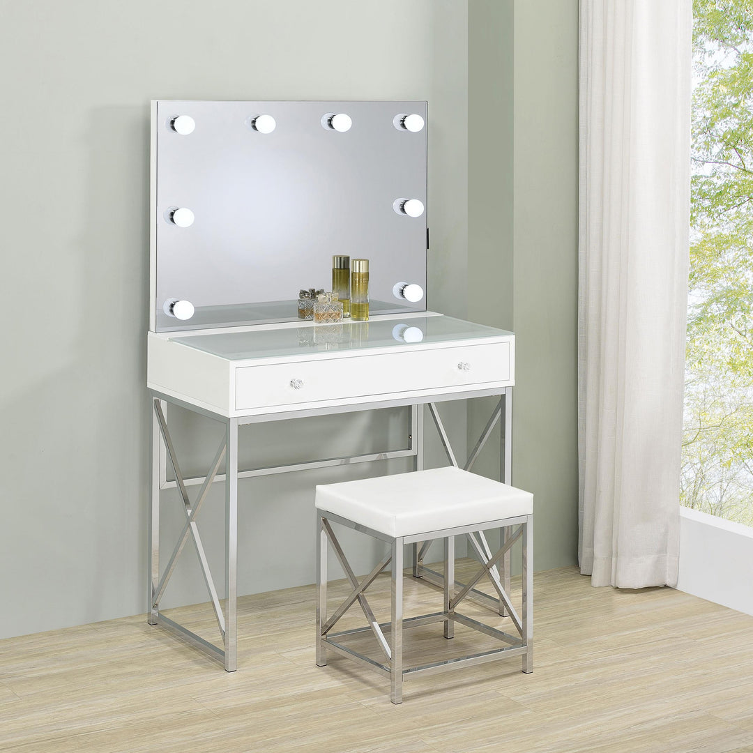Coaster Furniture 936164 Eliza Vanity Set with Lighting & Stool White and Chrome