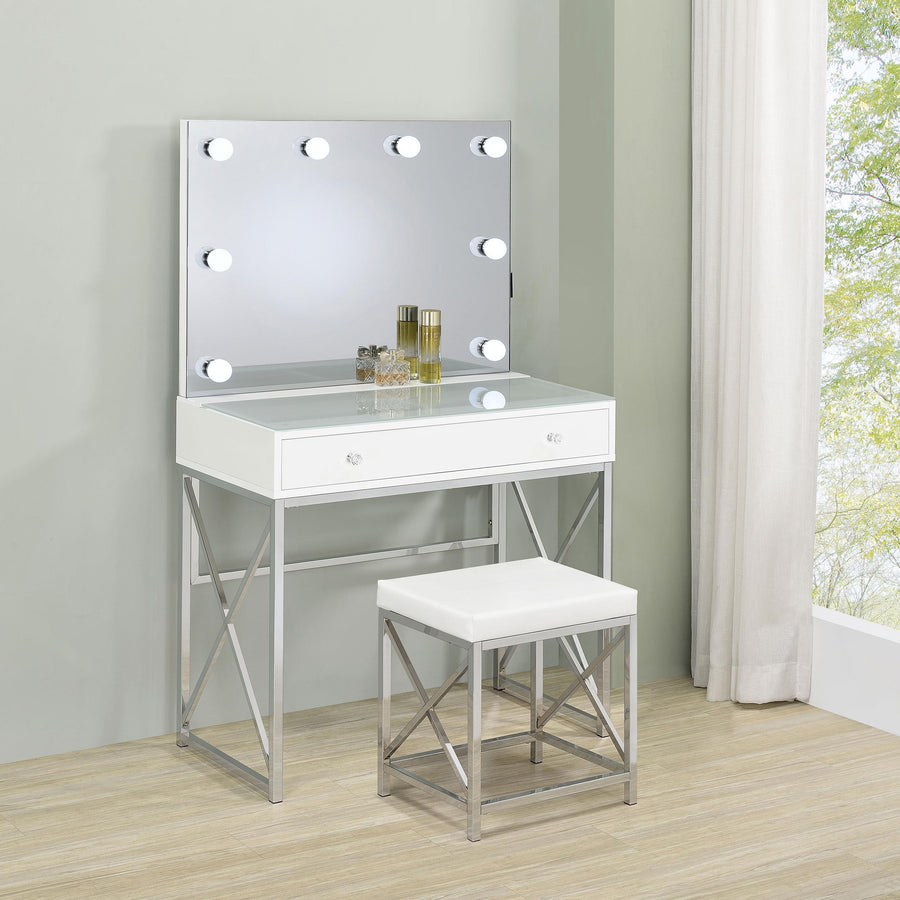 Coaster Furniture 936164 Eliza Vanity Set with Lighting & Stool White and Chrome