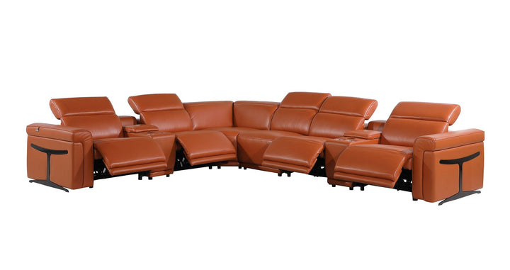 DivanItalia 1126 8-Piece L-Shaped Sectional Sofa in Top Grain Italian Leather with 4 Power Recliners &amp; Power Headrests - Camel
