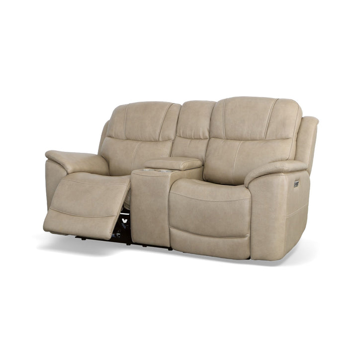 Crew Leather Power Reclining Loveseat with Console, Power Headrests &amp; Lumbar in Pebble