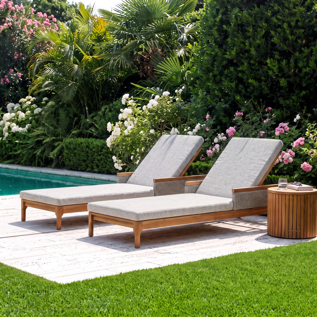 Acacia &amp; Rattan Chaise Lounge – Light Grey (Set of 2)