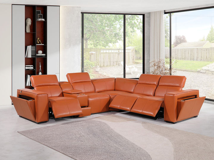 DivanItalia 1224 6-Piece L-Shaped Sectional Sofa in Top Grain Italian Leather with 3 Power Recliners &amp; Power Headrests - Camel