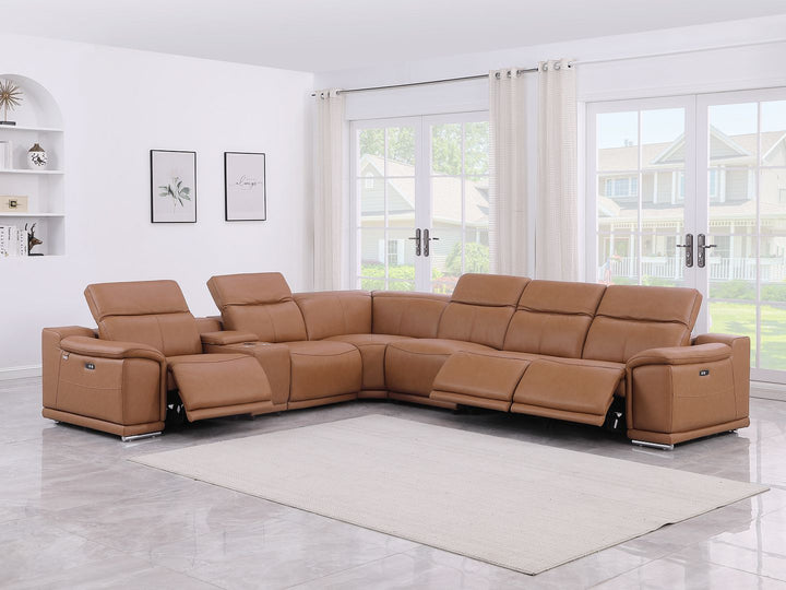 DivanItalia 9762 7-Piece L Shaped Top Grain Italian Leather Sectional Sofa with 3 Power Recliners - Cognac
