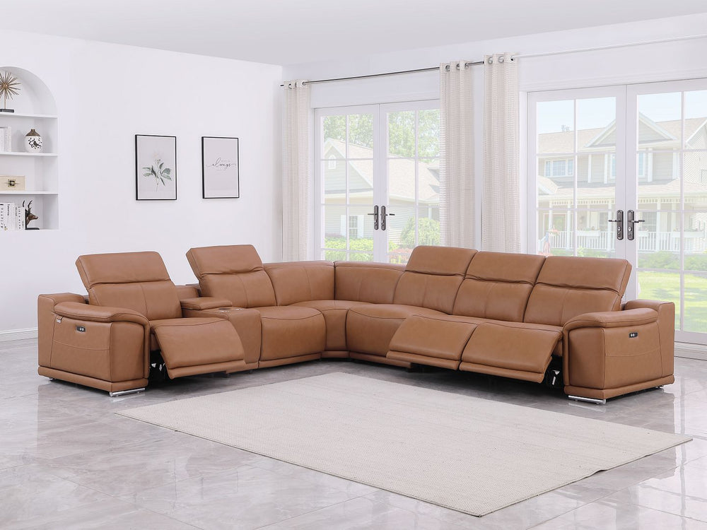 DivanItalia 9762 7-Piece L Shaped Top Grain Italian Leather Sectional Sofa with 3 Power Recliners - Cognac