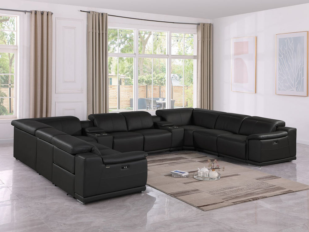 DivanItalia 9762 10-Piece U Shaped Top Grain Italian Leather Sectional Sofa with 4 Power Recliners - Black