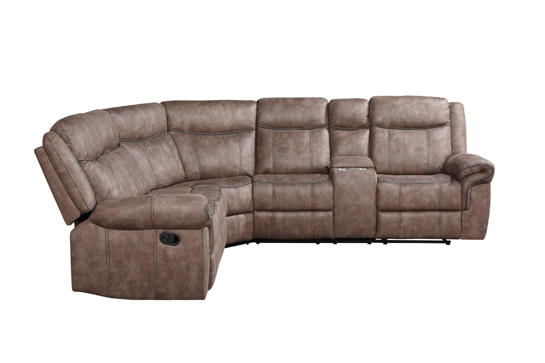 Dollum - Two Tone Nubuck Manual Recliner Sectional Sofa With USB Port Cupholder Console - Chocolate