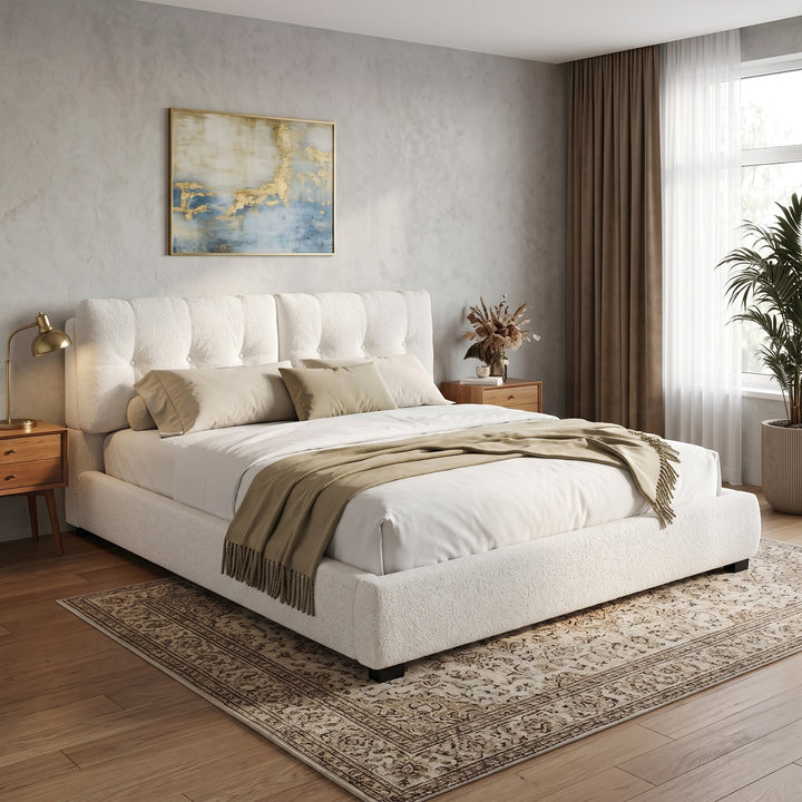 Tufted Boucle King Platform Bed – White