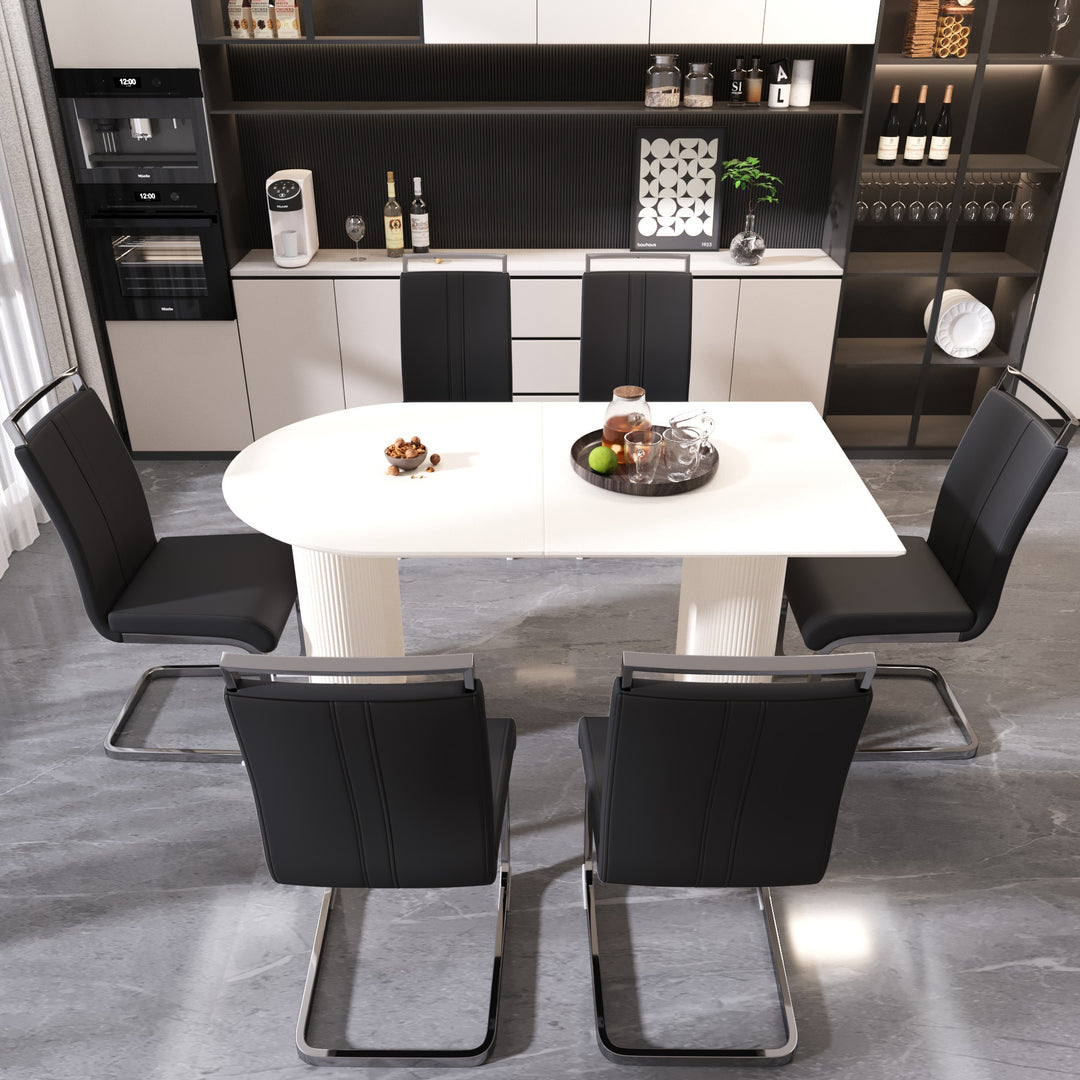 63" Medieval Modern Cream Dining Table and 6 PU Leather Armless Chairs with Silver Metal Legs - Black & Cream