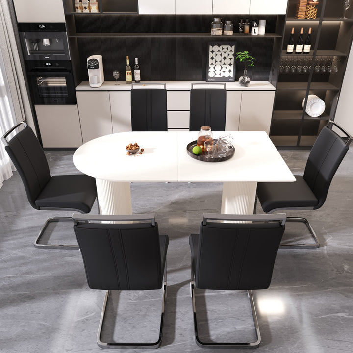 63" Medieval Modern Cream Dining Table and 6 PU Leather Armless Chairs with Silver Metal Legs - Black & Cream