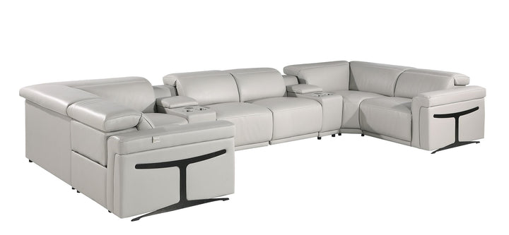 DivanItalia 1126 8-Piece U-Shaped Sectional Sofa in Top Grain Italian Leather with 4 Power Recliners &amp; Power Headrests – with Console - Light Gray