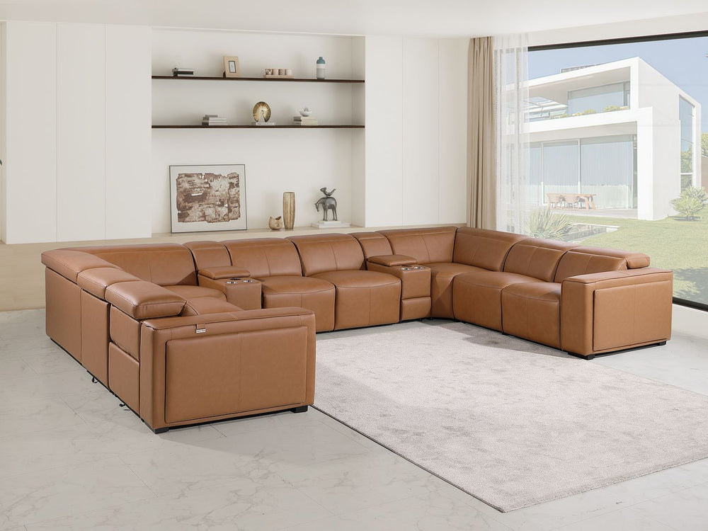 DivanItalia 1224 10-Piece U-Shaped Sectional Sofa in Top Grain Italian Leather with 4 Power Recliners & Power Headrests - Cognac