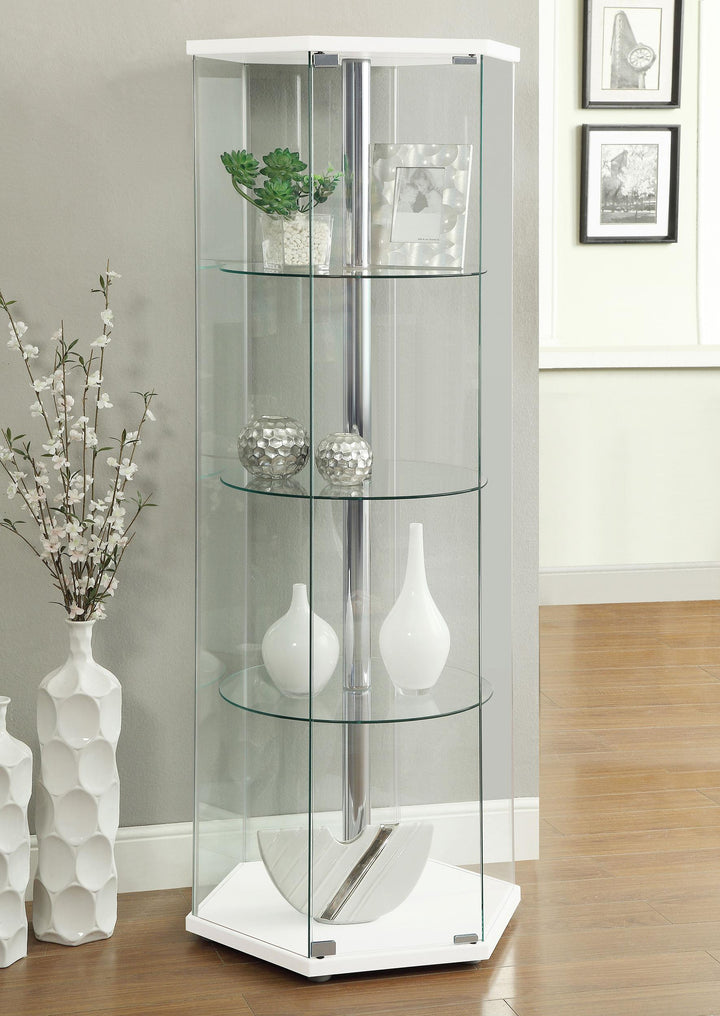 Coaster Furniture 950001 Zahavah 4-shelf Hexagonal Clear Glass Curio Cabinet White
