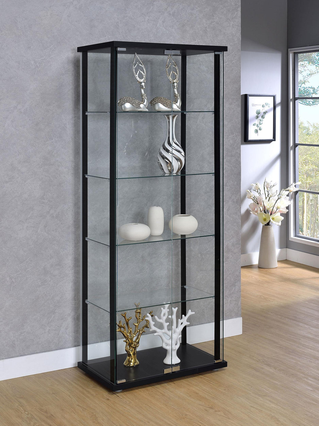 Coaster Furniture 950170 Delphinium 5-shelf Clear Glass Curio Display Cabinet Black