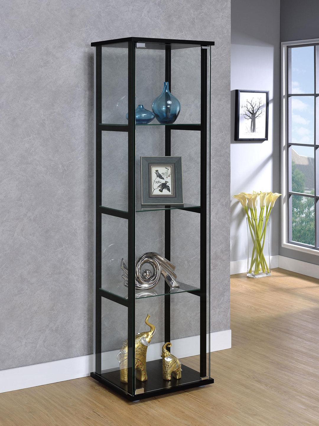 Coaster Furniture 950171 Cyclamen 4-shelf Clear Glass Curio Display Cabinet Black