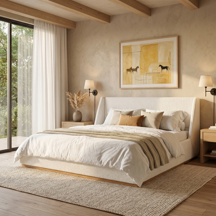 Winged Boucle King Bed – White