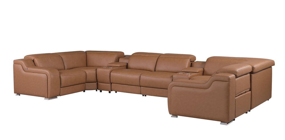 DivanItalia 1116 8-Piece U-Shaped Sectional Sofa in Top Grain Italian Leather with 2 Power Recliners & Power Headrests – with Console - Cognac