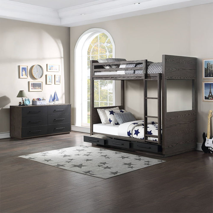 Estevon - Twin Over Twin Bunk Bed With Storage - Gray Oak