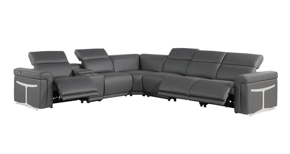 DivanItalia 1126 7-Piece L-Shaped Sectional Sofa in Top Grain Italian Leather with 3 Power Recliners & Power Headrests - Dark Gray