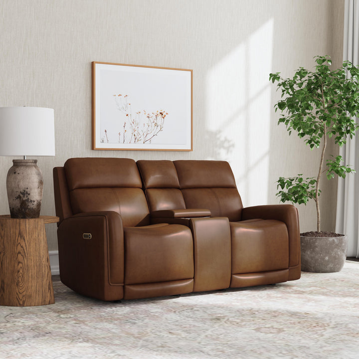 Alister Leather Power Gliding Loveseat with Console, Power Headrests &amp; Lumbar in Sedona