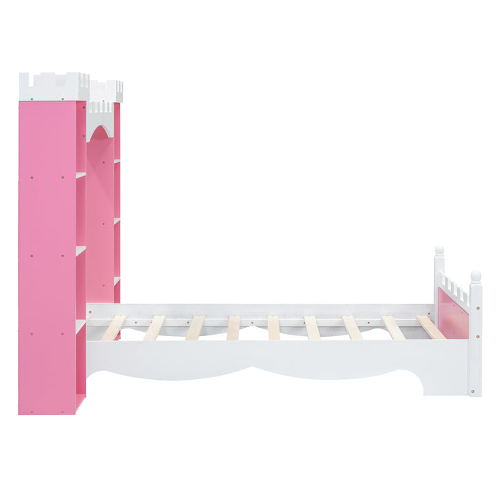 castle-shaped-wooden-twin-bed-with-storage-shelf-pink-white