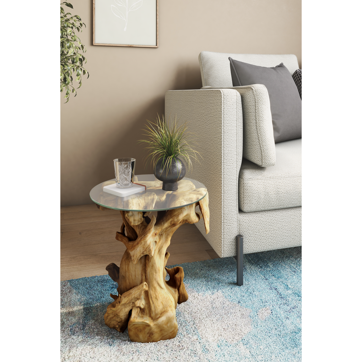 Rego Reclaimed Teak Side/End Table with Glass Top - Natural