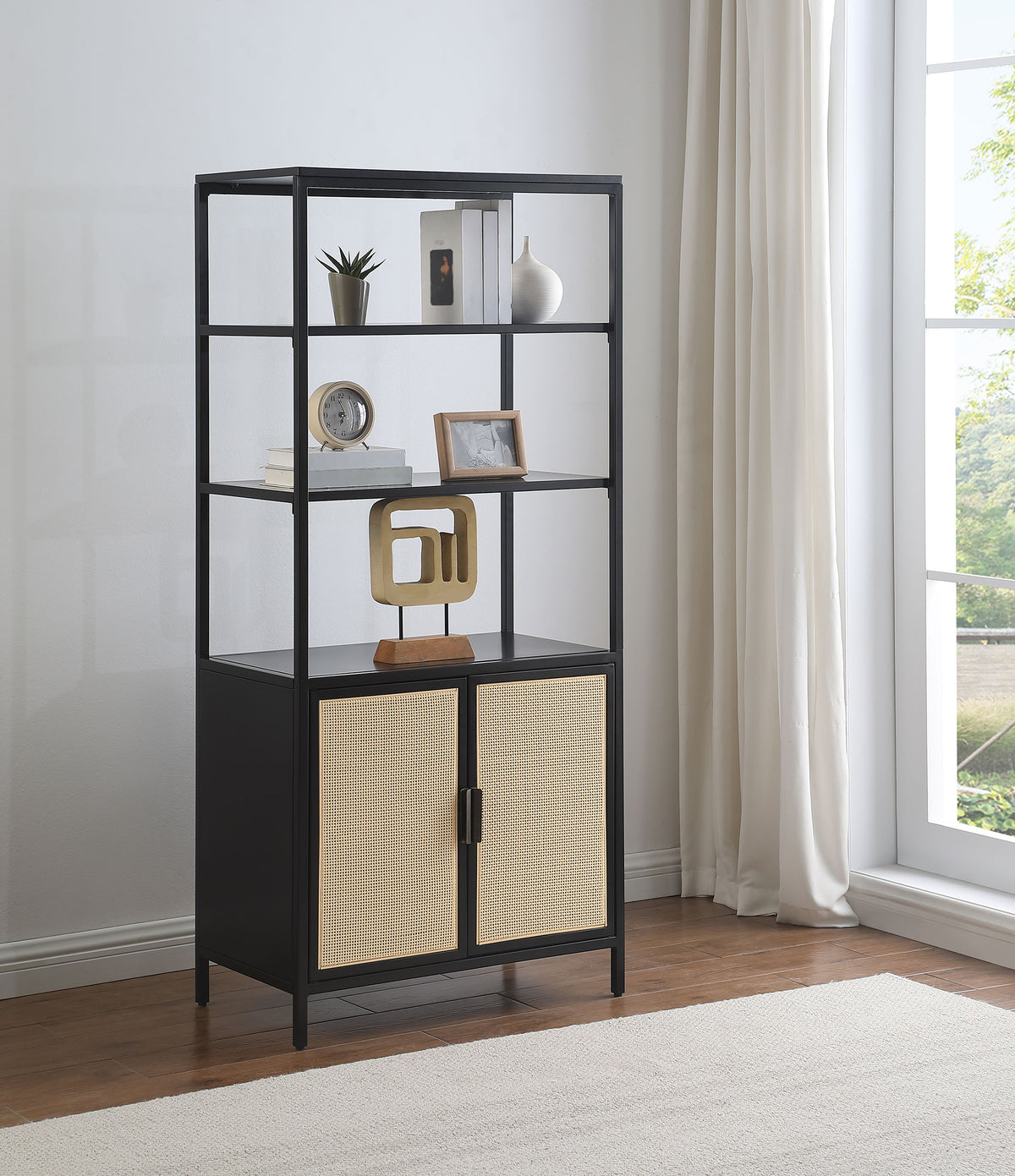 Amherst - 3-Shelf Radio Weave Cane Metal Accent Cabinet - Black