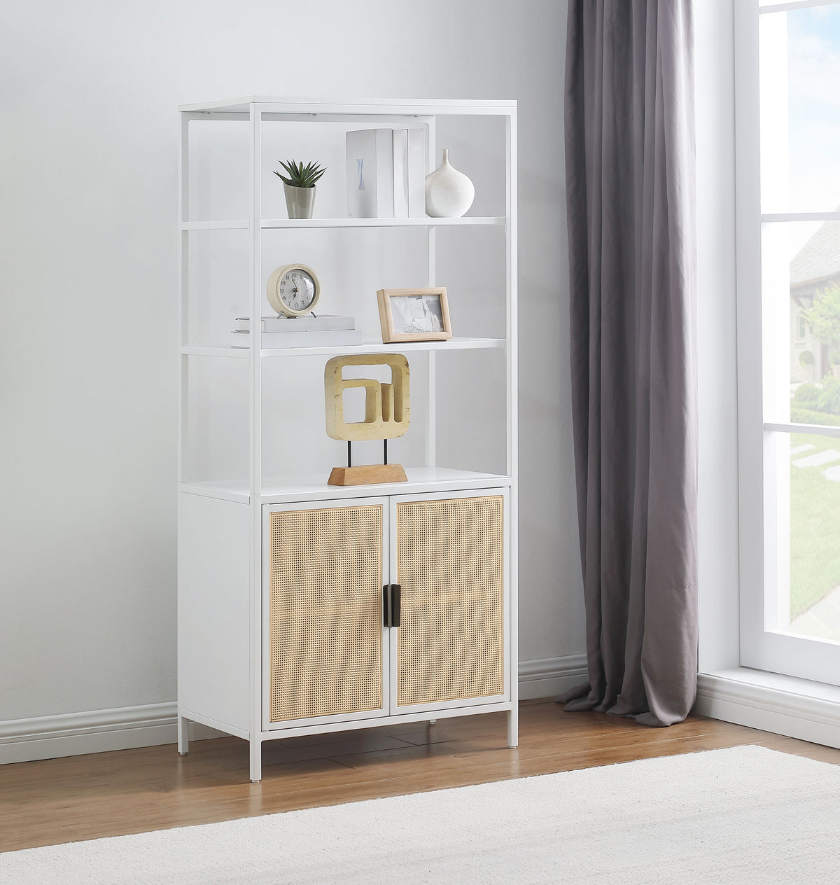 Amherst - 3-Shelf Radio Weave Cane Metal Accent Cabinet - White