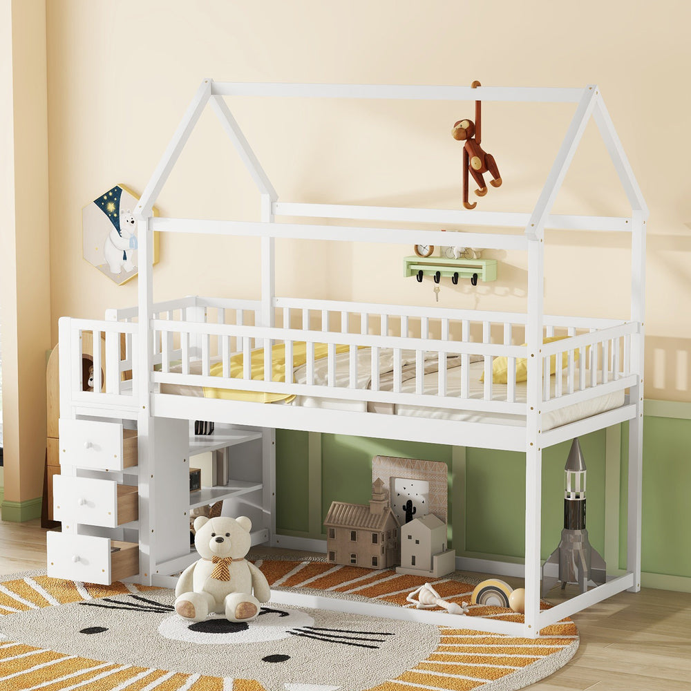 twin-twin-house-bunk-bed-with-shelves-and-drawers-white-color