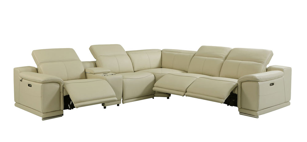 DivanItalia 9762 6-Piece L Shaped Top Grain Italian Leather Sectional Sofa with 3 Power Recliners - Beige