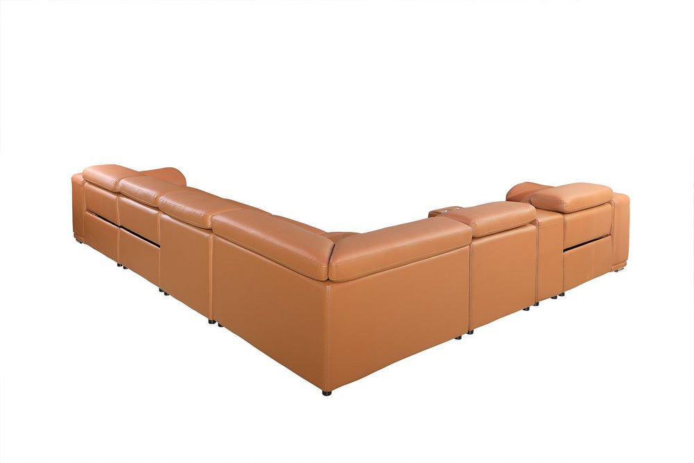 DivanItalia 9762 8-Piece L Shaped Top Grain Italian Leather Sectional Sofa with 4 Power Recliners - Camel