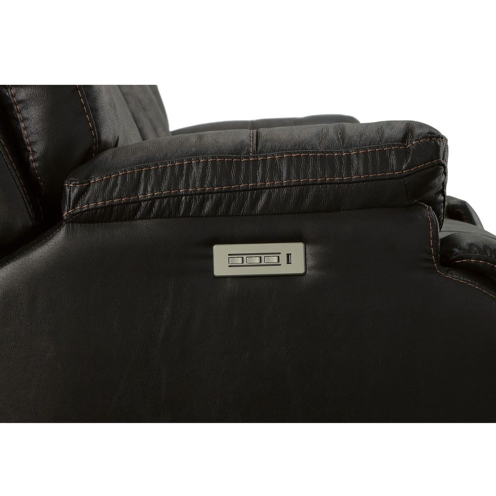 Clive Fabric Power Reclining Loveseat with Console, Power Headrests & Lumbar in Peppercorn