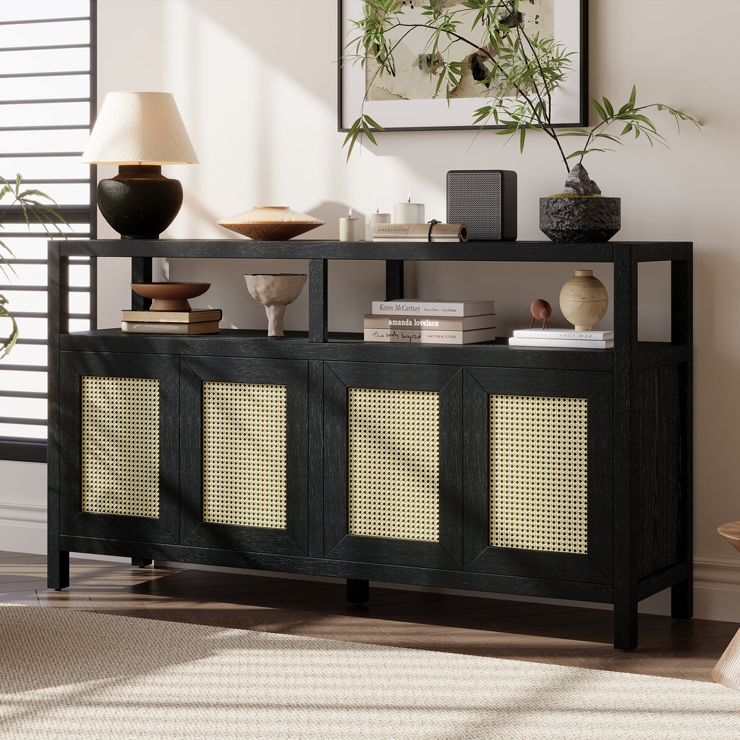 Bohemian Style Rattan Sideboard or Buffet Storage Cabinet with Solid Wood Frame, Black