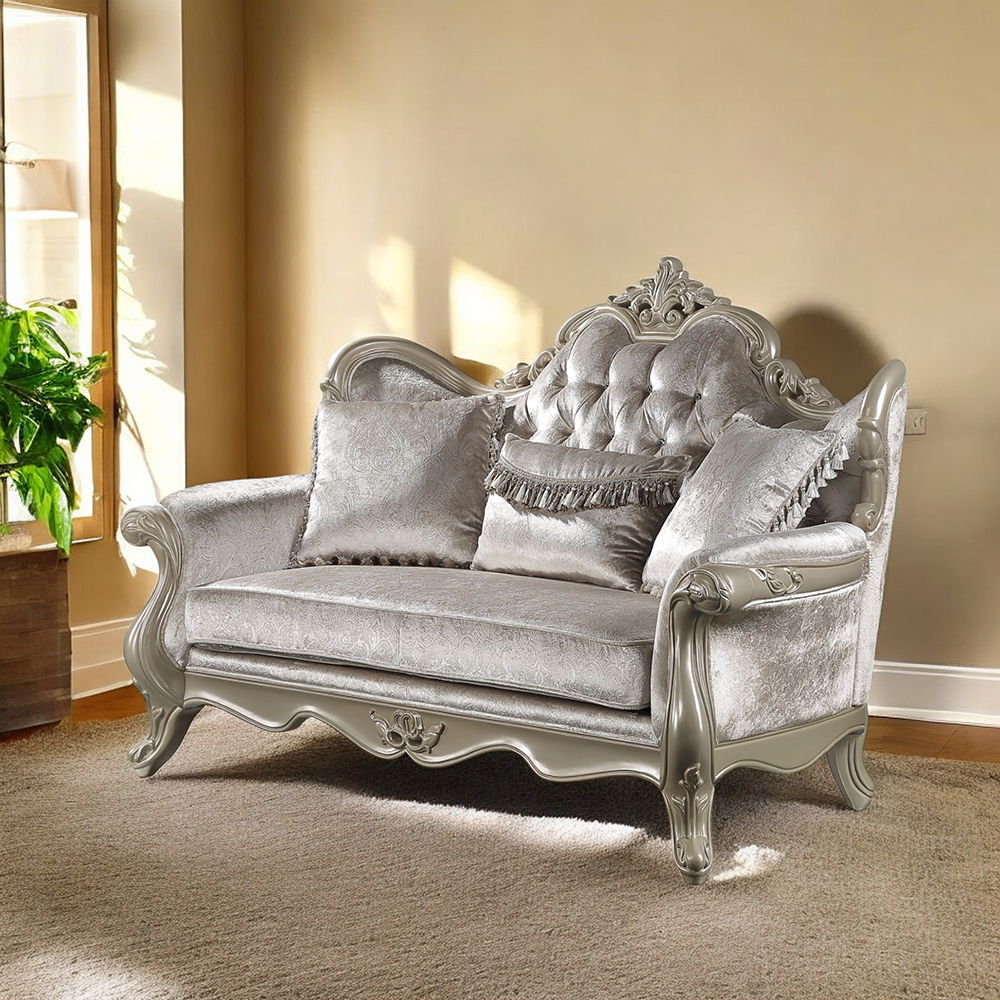 ACME Furniture Libertee Loveseat With 3 Pillows Beige Fabric & Champagn