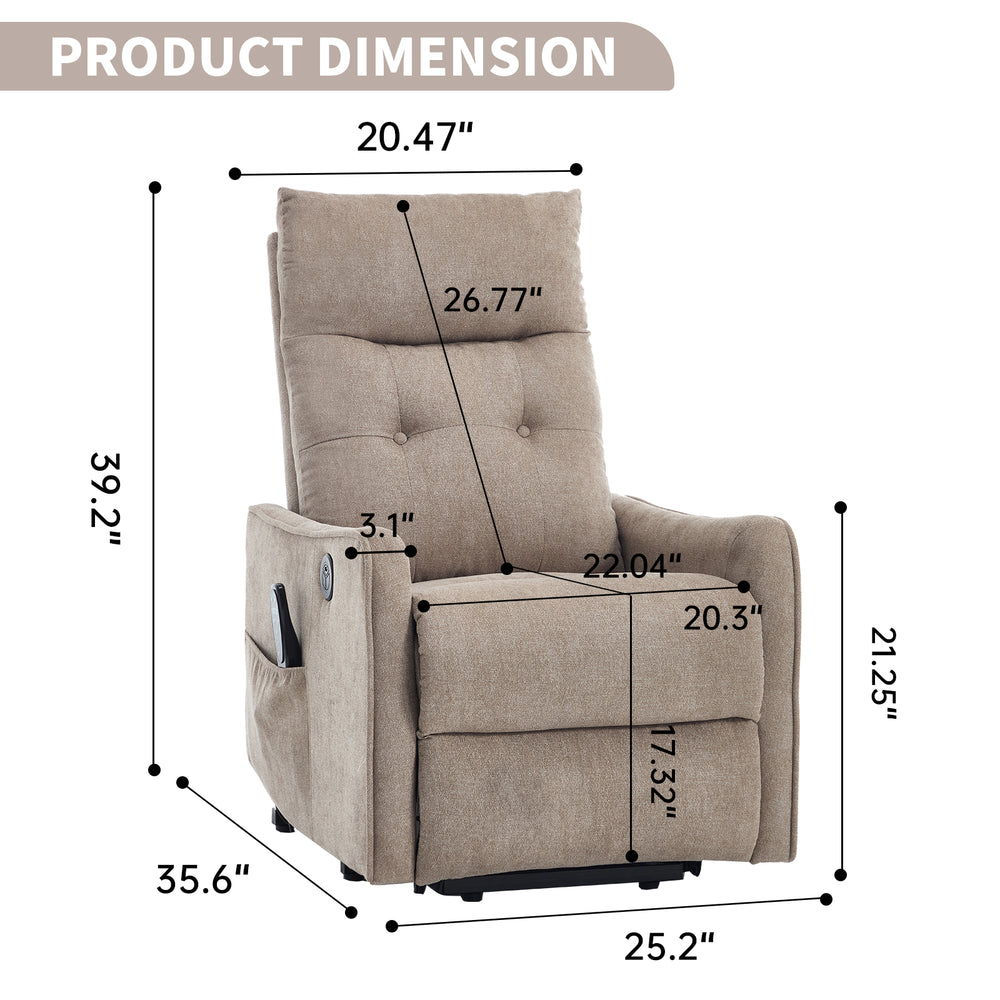 Khaki Power Lift Recliner Chair with Heat, Massage, USB Charging & Swivel for Elderly