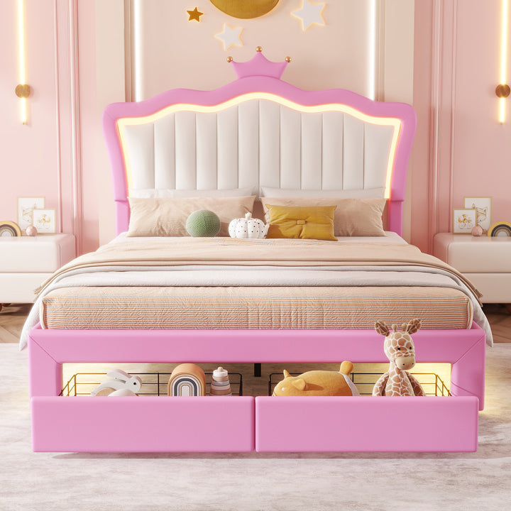 full-size-upholstered-princess-bed-frame-with-led-lights-crown-headboard-and-2-drawers-pink-white