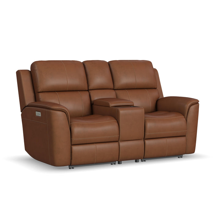 Flexsteel Henry Caramel Leather Power Reclining Loveseat with Console, Power Headrests &amp; Lumbar