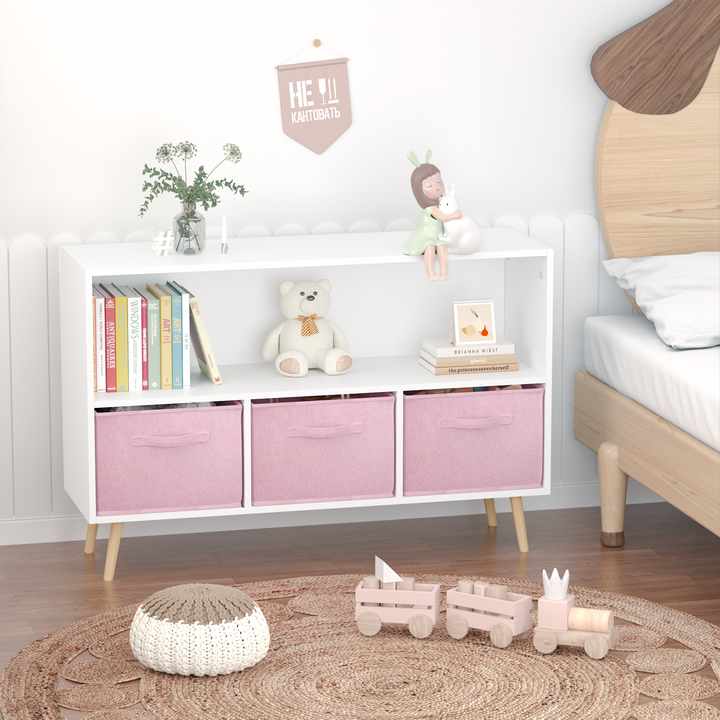 modern-kids-bookcase-with-collapsible-fabric-drawers-childrens-book-display-toy-storage-white-pink-mdf-pine-legs