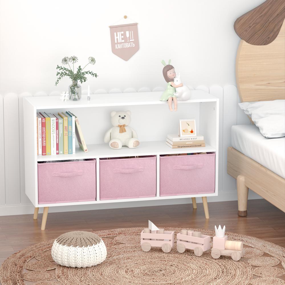 modern-kids-bookcase-with-collapsible-fabric-drawers-childrens-book-display-toy-storage-white-pink-mdf-pine-legs