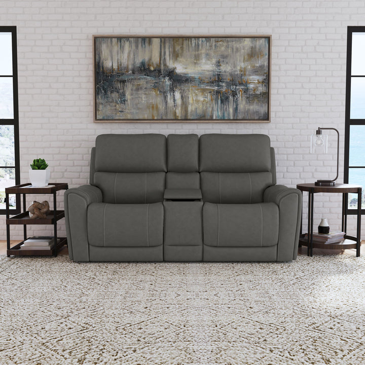 Carter Fabric Power Reclining Loveseat with Console &amp; Power Headrests &amp; Lumbar in Smoke