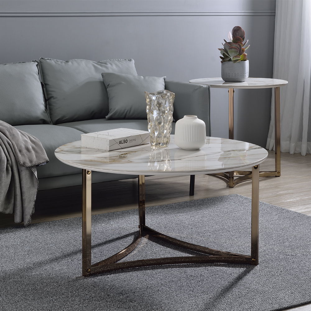 ACME Furniture Zaidee Round Coffee Table Sintered Stone & Champagne